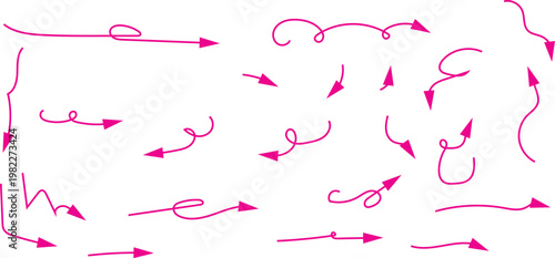 Collection of various red hand drawn arrows on white background for design and illustration purposes