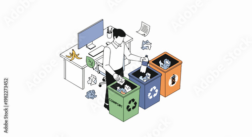 Man Sorting Waste in Office Isometric Illustration, Recycling and Composting for Environmental Sustainability