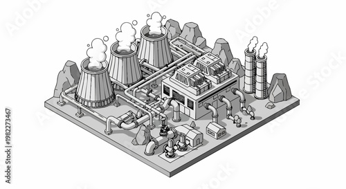 Isometric Line Art Illustration of an Industrial Power Plant with Cooling Towers and Pipe Networks