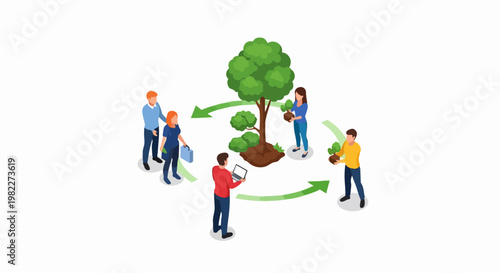 Isometric Sustainability Concept with People Planting Trees, Circular Economy, CSR, and Environmental Reforestation Illustration