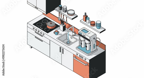 Isometric Modern Kitchen Illustration with Appliances, Stove, Sink, and Coffee Maker. Minimalist Flat Vector Design for Interior Layout and Smart Home Concepts.