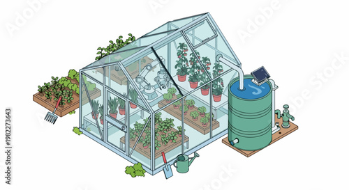 Smart Automated Greenhouse with Robotic Arm and Solar Powered Irrigation System, Sustainable Agriculture and Agritech Concept Illustration