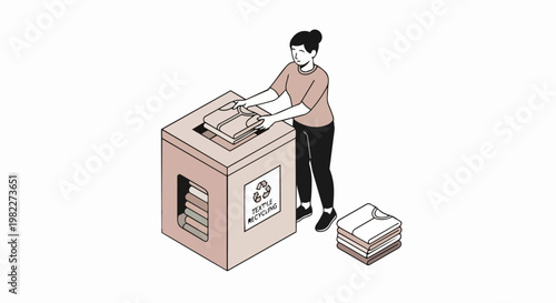 Young Woman Donating Folded Clothes into Textile Recycling Bin for Sustainable Fashion and Circular Economy Illustration