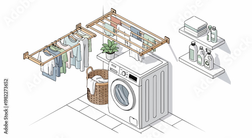 Minimalist Isometric Laundry Room Illustration with Washing Machine and Wall-Mounted Drying Racks for Organized Home Management