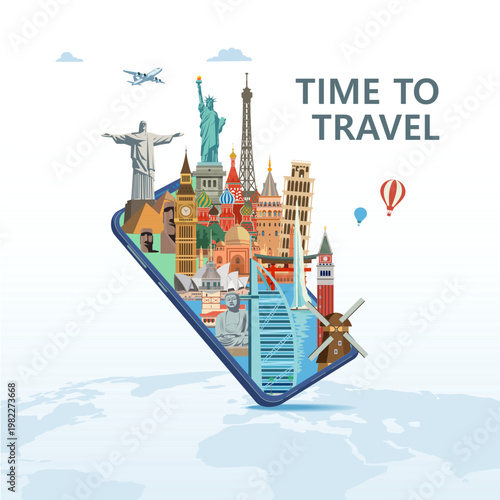 Famous world landmarks travel concept vector banner design