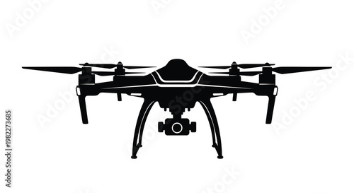 A sleek black drone with four rotors is displayed in a minimalist isolated vector illustration