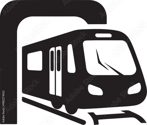 Black subway train icon, urban transportation symbol, metro vector, train graphics