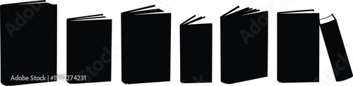 Book silhouettes row, open and closed books, leaning volumes, stacked icons, reading concept, literature design, education illustration, publishing symbol, knowledge resource