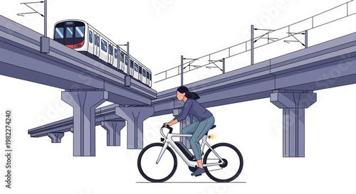 Man riding bicycle under train track on bridge