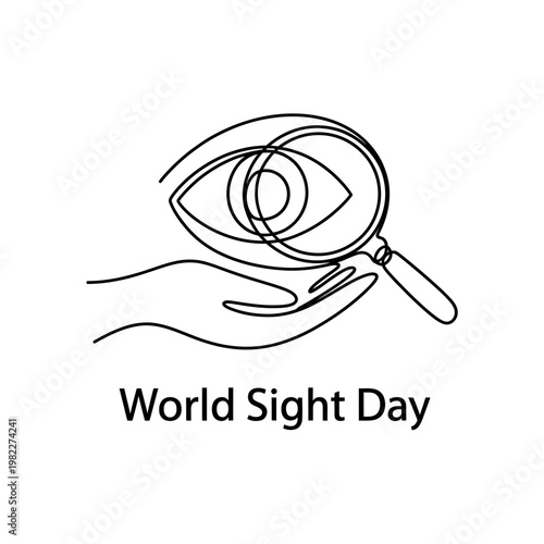World sight day continuous line drawing hand holding magnifying glass with eye.