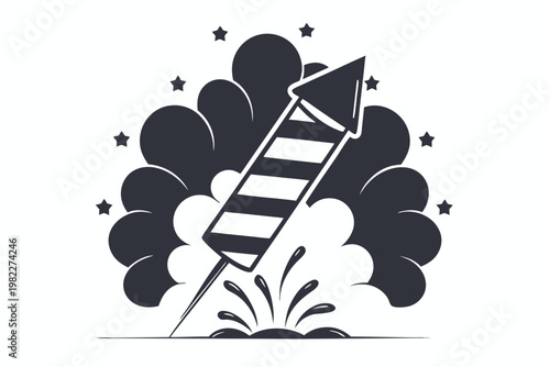 Retro pixel firework silhouette, simple black and white vector icon