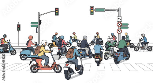 Scooters and motorcycles crossing city street at traffic light