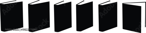 Book silhouettes row, upright tilted books, open covers, stacked icons, reading concept, literature design, education illustration, publishing symbol, knowledge resource