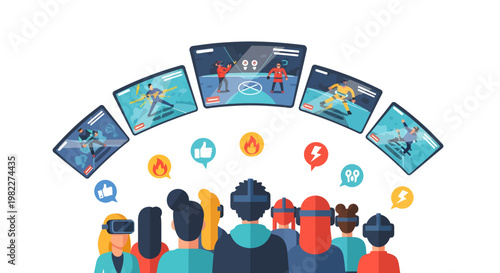 People wearing VR headsets, virtual reality experience, social interaction