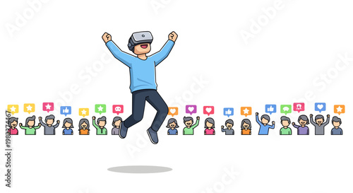 Man wearing VR headset jumping with joyful people and likes
