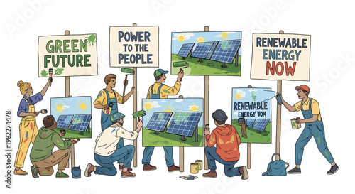 People painting renewable energy signs and solar panels