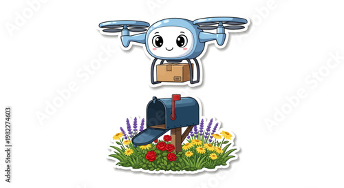 Cute drone delivering mail in garden with flowers