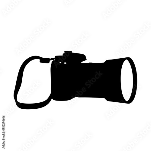 Detailed silhouette image showcases a professional DSLR camera with a large lens