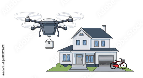 Drone delivering package to suburban home with bicycle
