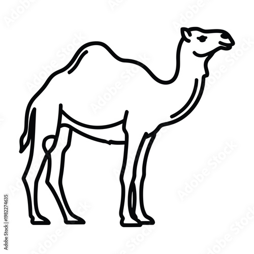 Outline vector icon of a desert camel with a single hump standing middle east black and white dromedary wildlife