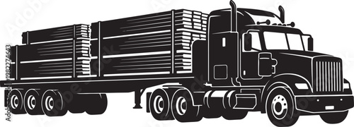 Black and white of a semi-truck with flatbed trailer hauling logs also transparent background transportation