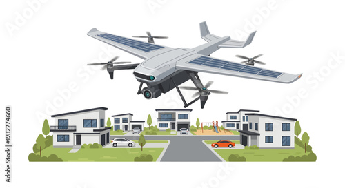 Drone flying over modern suburban neighborhood with houses