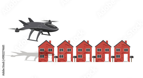 Drone flying over row of red houses, modern technology and suburban homes