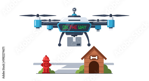 Drone flying over dog house and fire hydrant