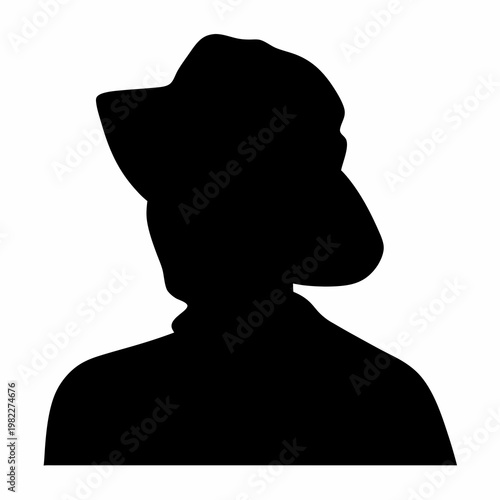Dramatic silhouette of a person wearing a hat against a white background