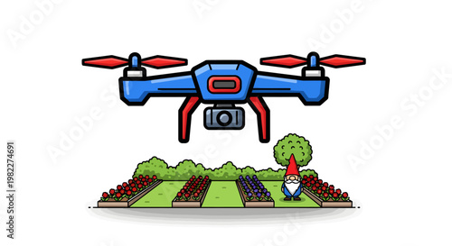 Drone flying over garden with gnome and colorful plants