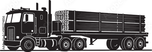 Large semi-truck carrying construction including wooden boards and bricks, silhouette also transparent background