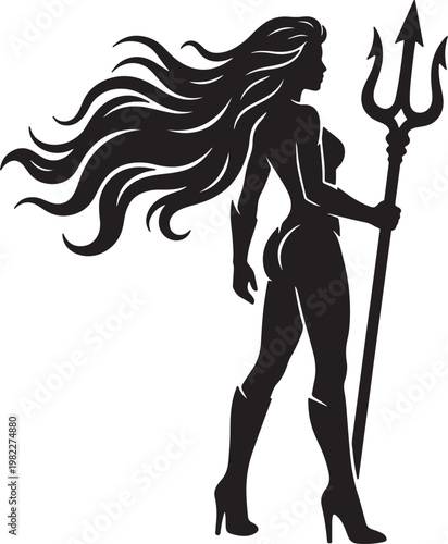 Silhouette of a woman with long flowing hair holding a trident also transparent background, long hair
