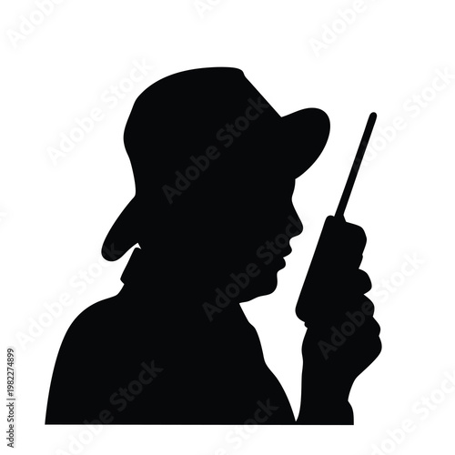 Silhouette of a dispatcher with radio in hat in black color.