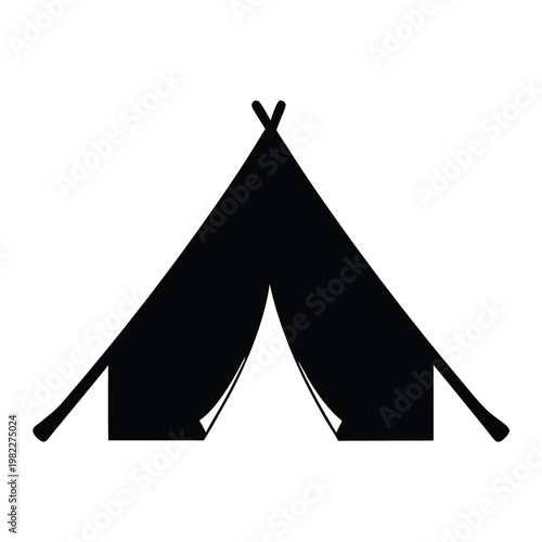 Simple Black and White Icon of a Camping Tent on White Background