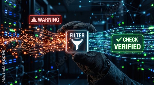 Data filtering and verification process concept with digital network connections and hand holding a filter icon