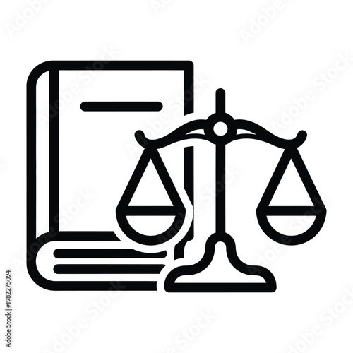 Scales of justice with a law book icon symbolizing legal system and regulations black white judgment advocate