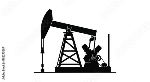 A black silhouette of an oil pump jack also known as a rocking horse against white