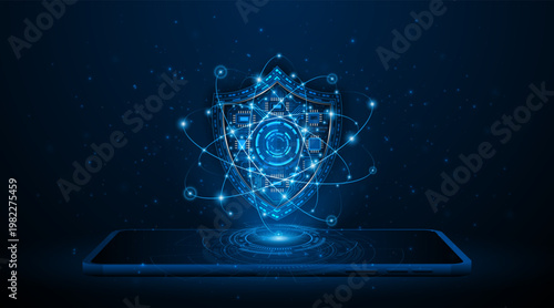 Cyber ​​security concept with shield symbol on tablet or smartphone. Data protection and cyber privacy. Innovative concept of advanced safety technology