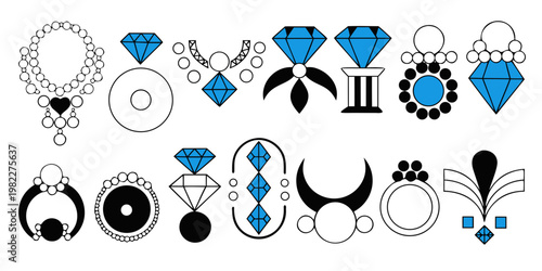 Graphic collection of blue diamond jewelry elements including necklaces and rings with necklace gemstone accessory illustration adornment collection boutique abstract decoration statement