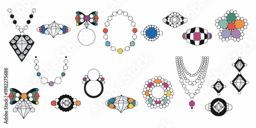 Assorted geometric jewelry icon set featuring necklaces earrings and rings necklace earrings geometric accessory illustration colorful collection adornment boutique abstract decoration