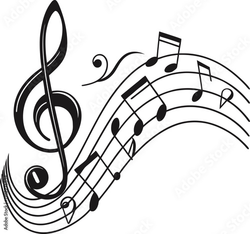 Musical notes and treble clef on white background