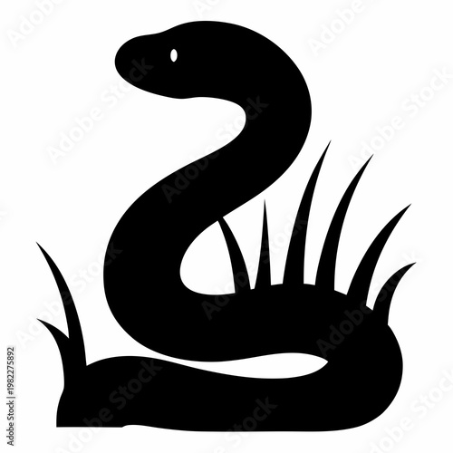 Stylized black snake emerging from grass with a simple white background