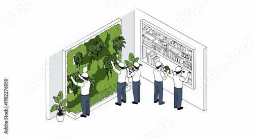 Isometric Workers Installing Vertical Green Wall and Organizing Warehouse Shelves, Sustainable Office Interior and Biophilic Design Concept