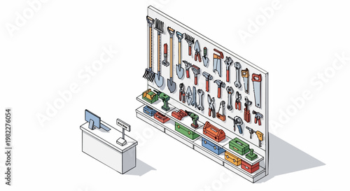 Isometric Hardware Store Tool Wall Illustration with Workshop Equipment and Checkout Counter