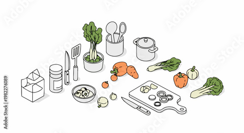 Isometric Kitchen Utensils and Fresh Vegetables Illustration Set for Cooking and Meal Preparation