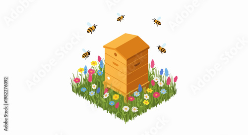 Isometric Beehive Illustration with Honey Bees and Colorful Wildflowers in a Lush Meadow