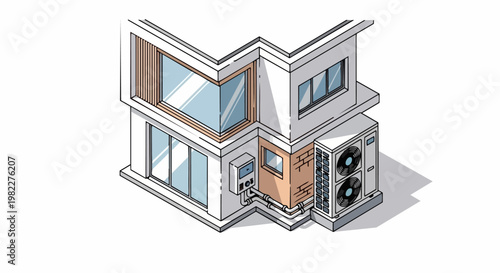 Isometric Modern House with Air Source Heat Pump System, Sustainable Energy Efficient Home HVAC Installation, Renewable Heating and Cooling Technology Illustration