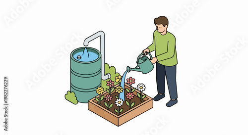 Sustainable Gardening Concept: Man Watering Flowers with Collected Rainwater from a Storage Barrel. Flat Line Art Illustration for Eco-Friendly Living and Conservation.