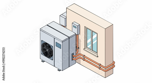 Isometric Illustration of an Outdoor Air Source Heat Pump Unit Installation for Sustainable Home Heating and Cooling