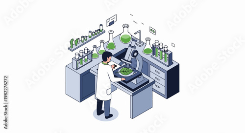 Isometric Scientist in Laboratory Conducting Plant Research and Biological Analysis with Microscope and Lab Equipment